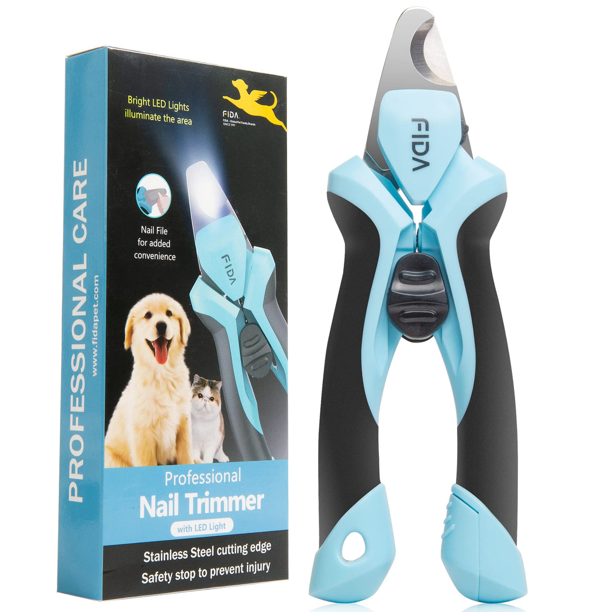Fida LED Dog & Cat Nail Clippers – Sharp Blades, Safety Guard & Built-In Nail File