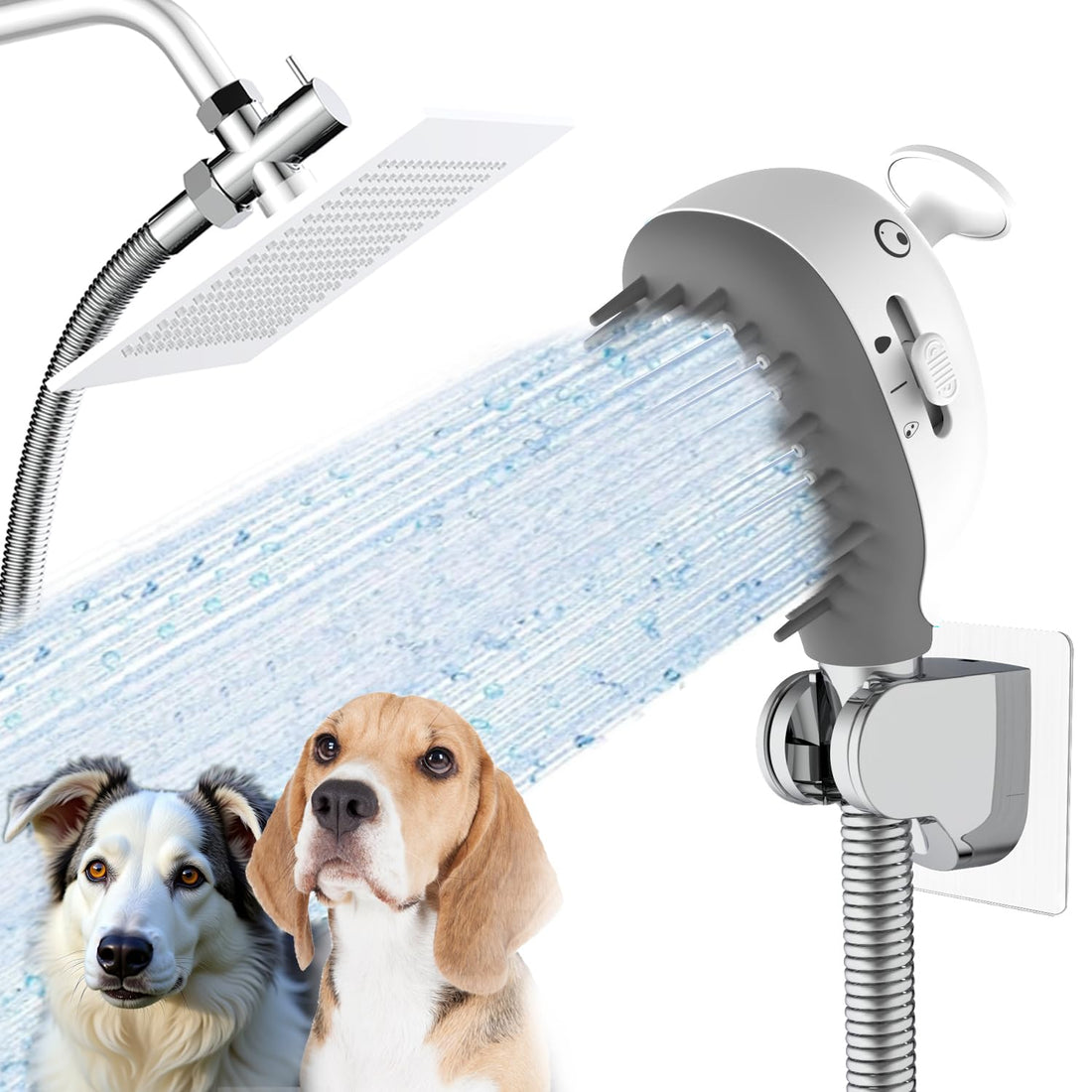 Dog Shower Attachment with Brush & 3-Mode Handheld Sprayer – Indoor & Outdoor Pet Bath Tool (White)