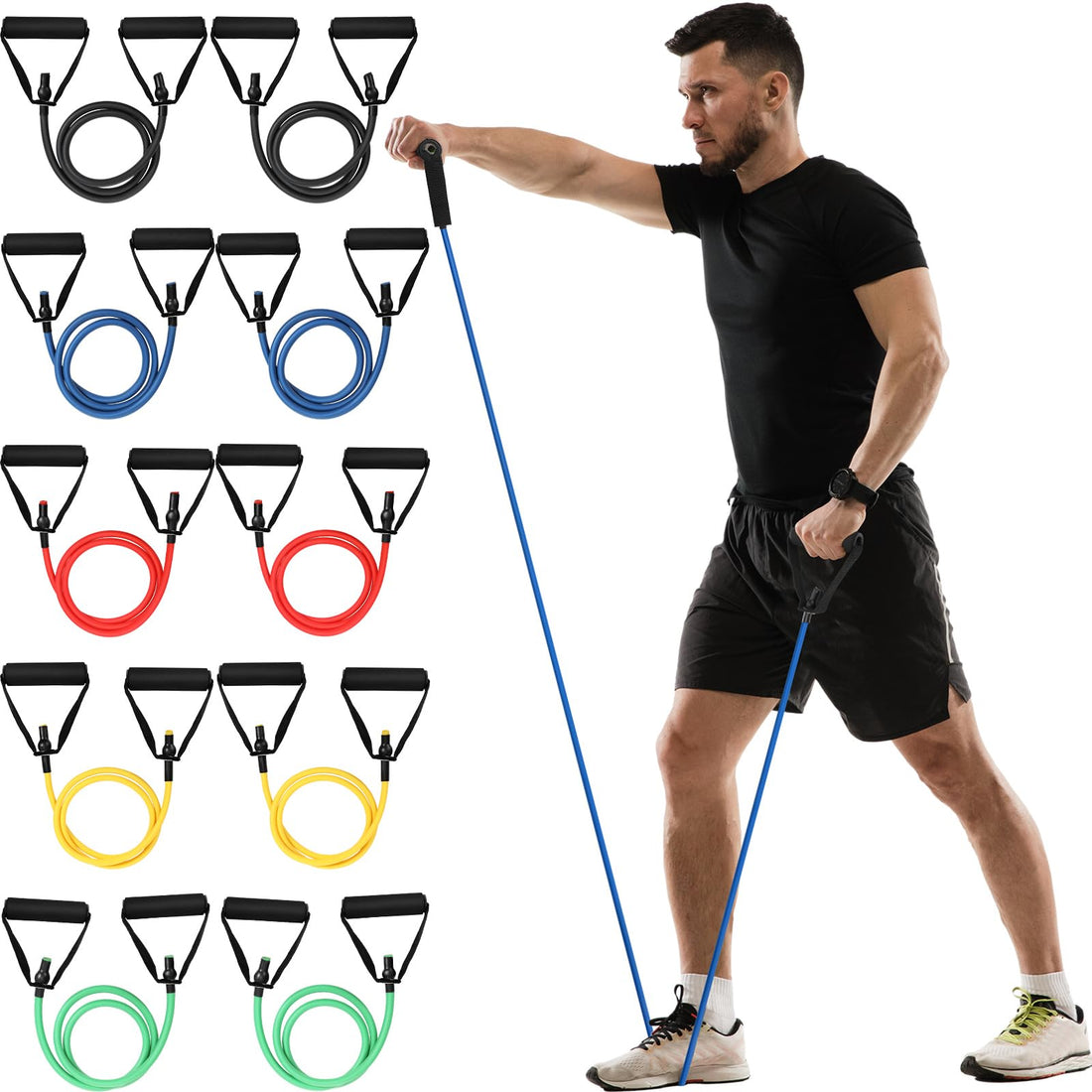 Resistance Bands with Handles Set – 10 Pcs, 5 Resistance Levels (20–60 lbs) for Men & Women
