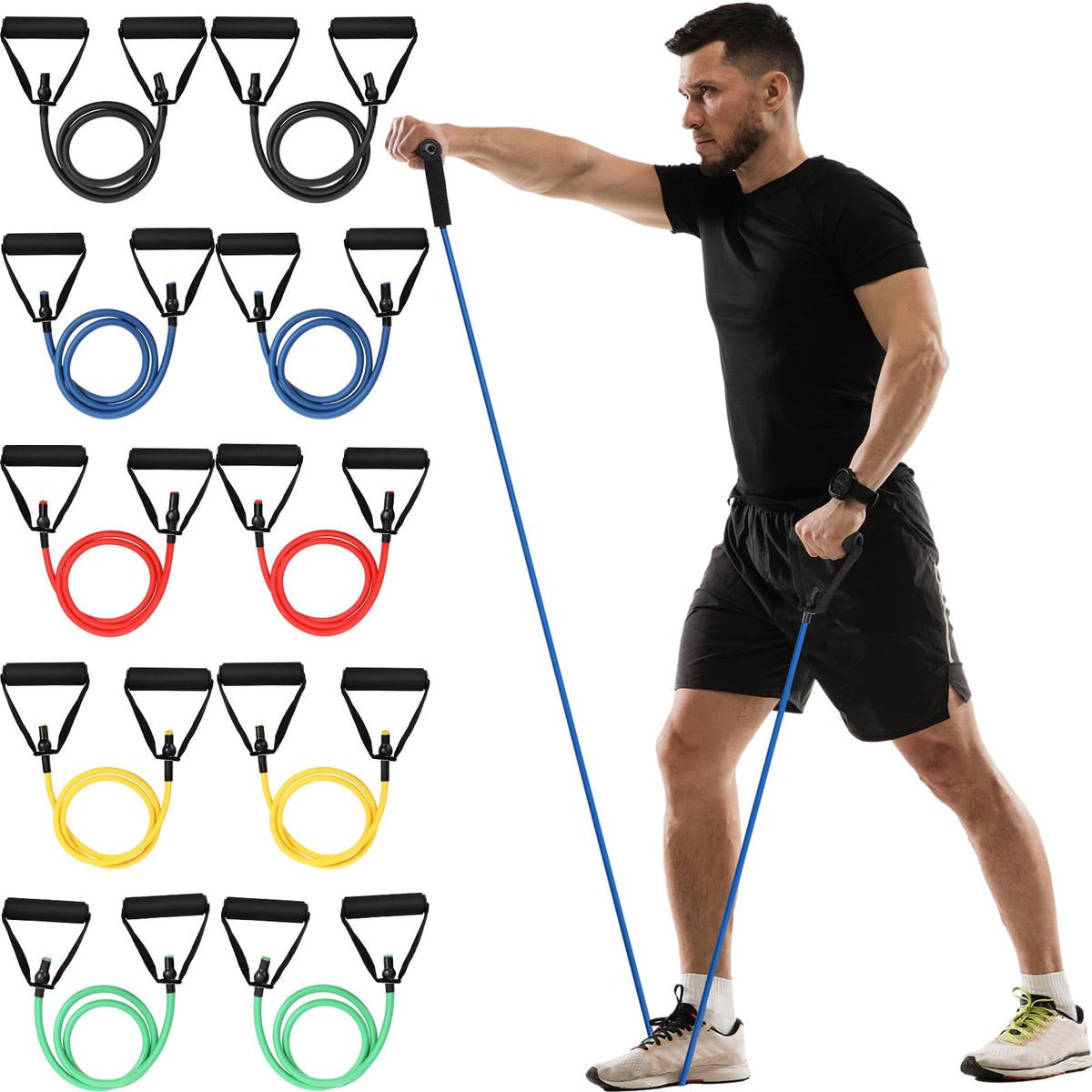 Resistance Bands with Handles Set – 10 Pcs, 5 Resistance Levels (20–60 lbs) for Men & Women