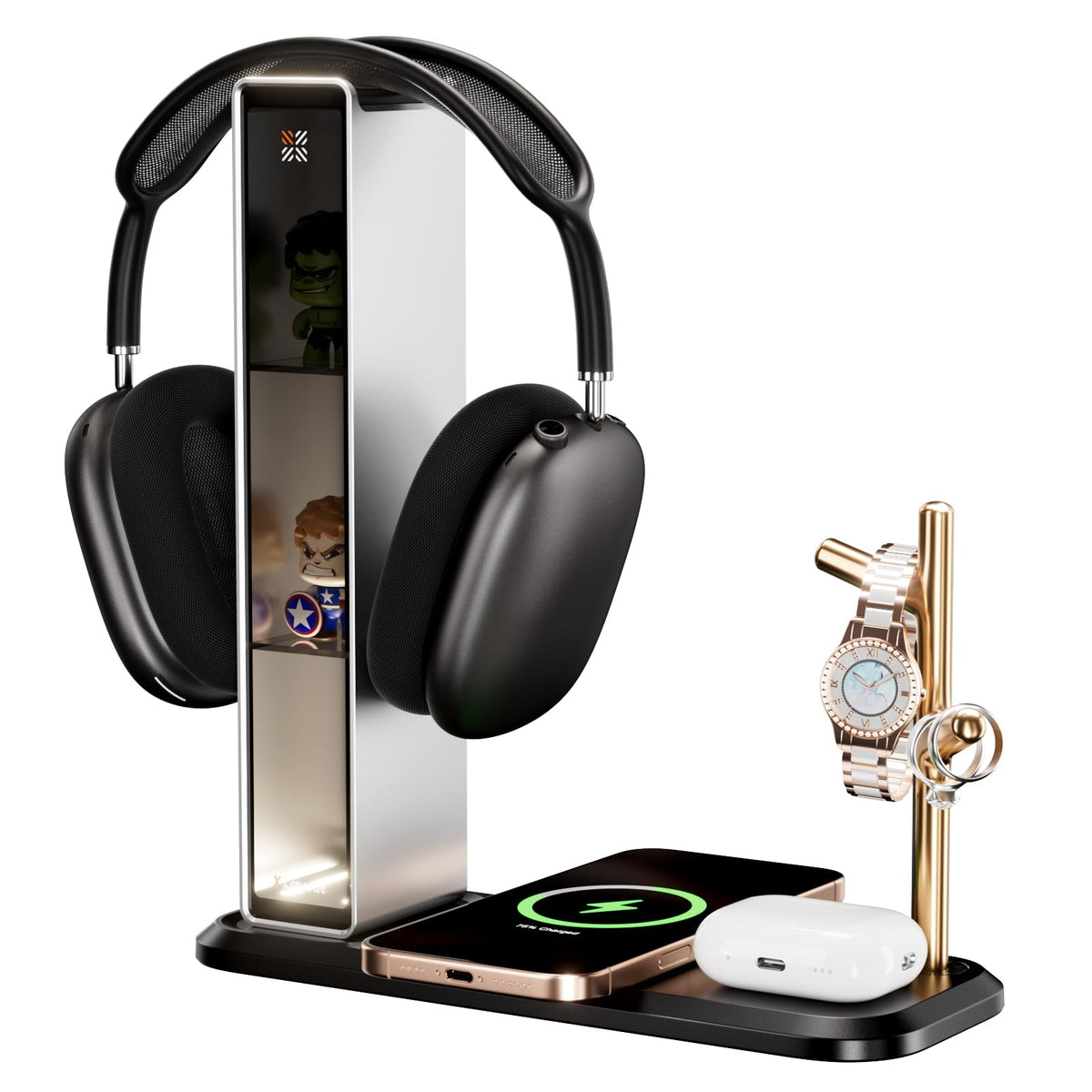 3-in-1 Headphone Stand Organizer with LED Lighting & 10W Wireless Charging – Universal Desktop Headset Holder for AirPods Max, Bose, Beats