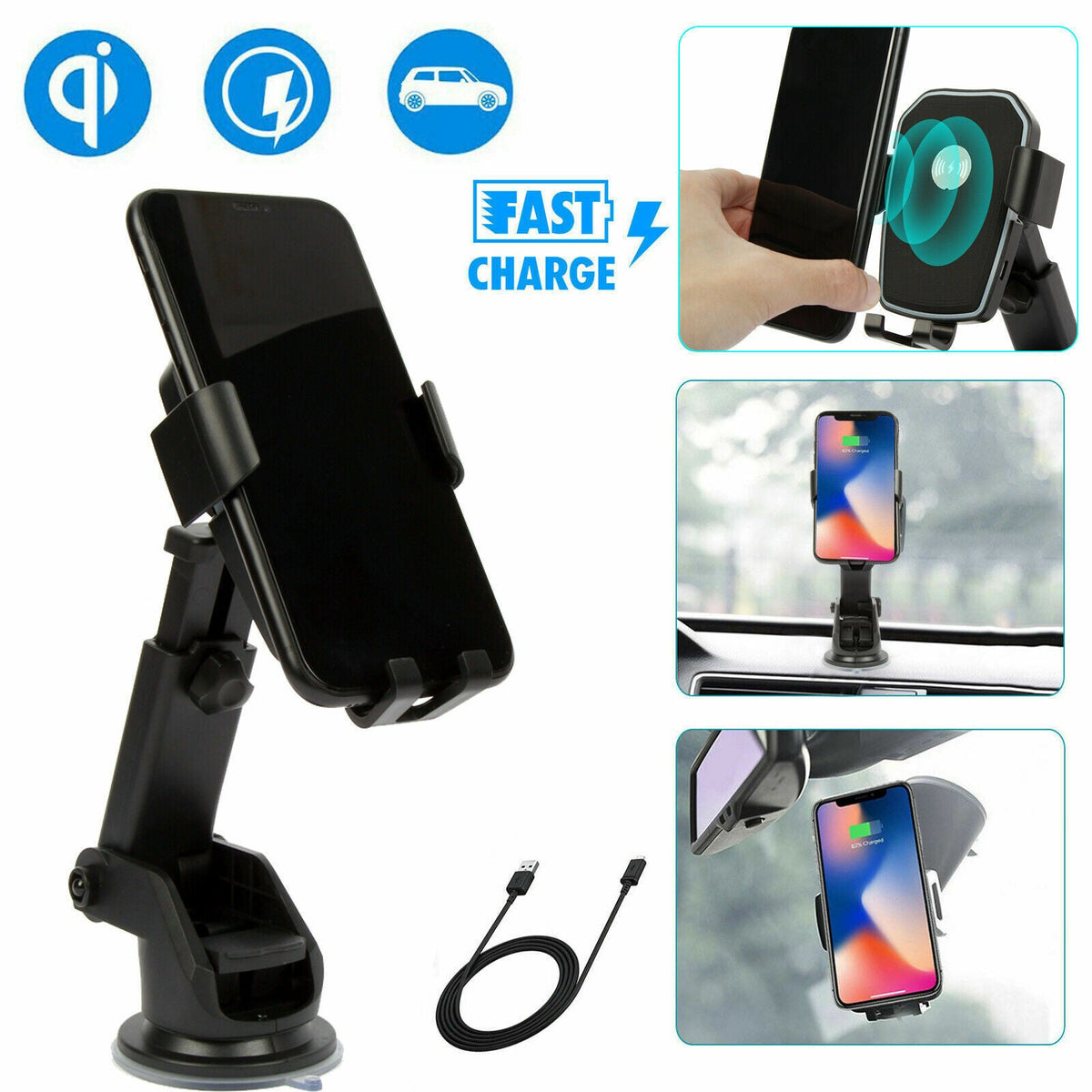Qi Wireless Car Charger Mount – 2-in-1 Fast Charging Phone Holder for All Qi-Enabled Devices