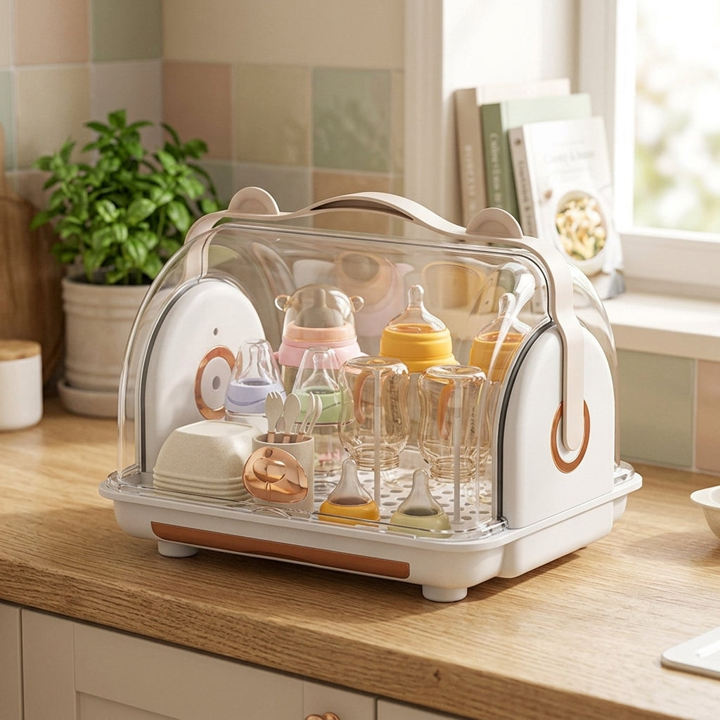 Baby Bottle Drying Rack with Cover – Portable Storage Box Organizer for Nursing Bottles & Cutlery