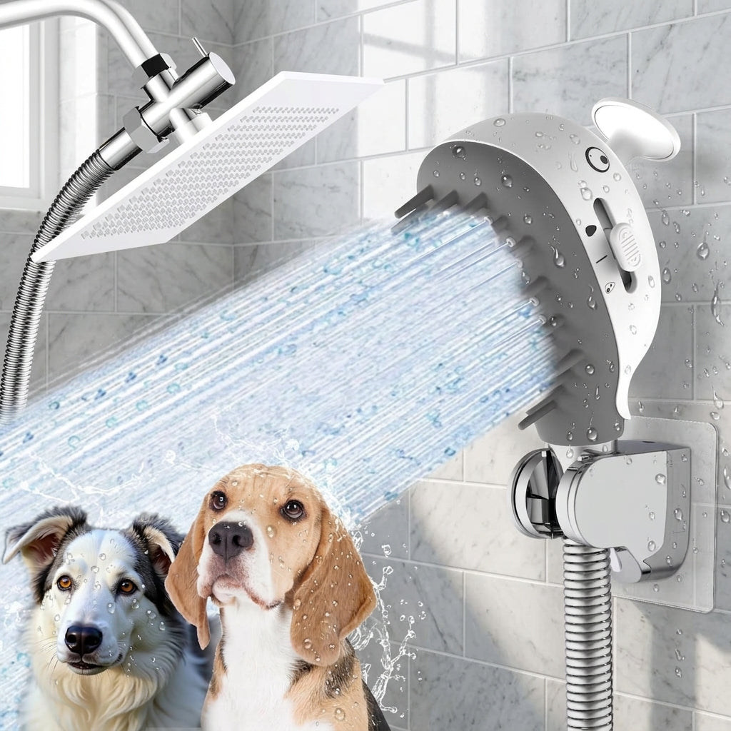 Dog Shower Attachment with Brush & 3-Mode Handheld Sprayer – Indoor & Outdoor Pet Bath Tool (White)