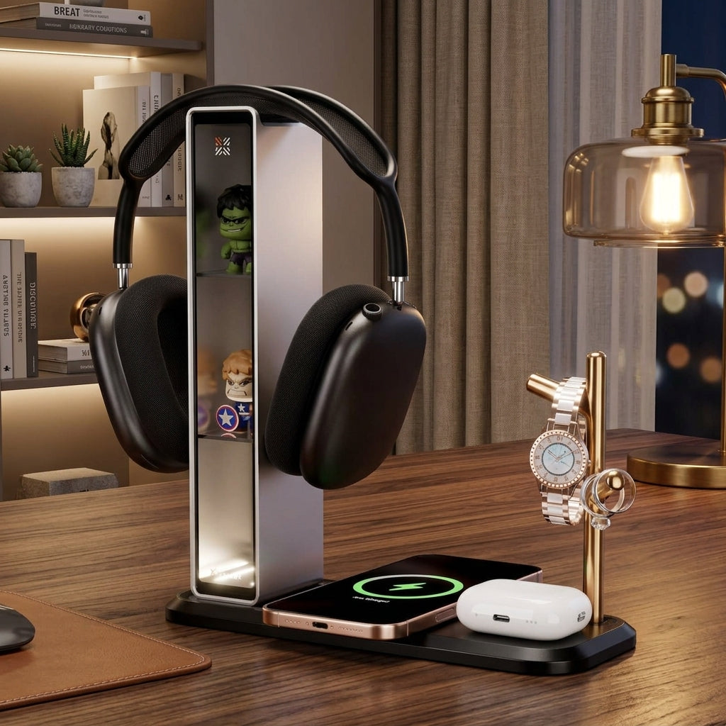 3-in-1 Headphone Stand Organizer with LED Lighting & 10W Wireless Charging – Universal Desktop Headset Holder for AirPods Max, Bose, Beats